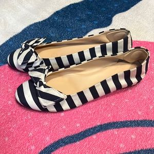 J.Crew Ballet Flats 10 Fabric White & Blue Stripes Made in Italy Leather BOW